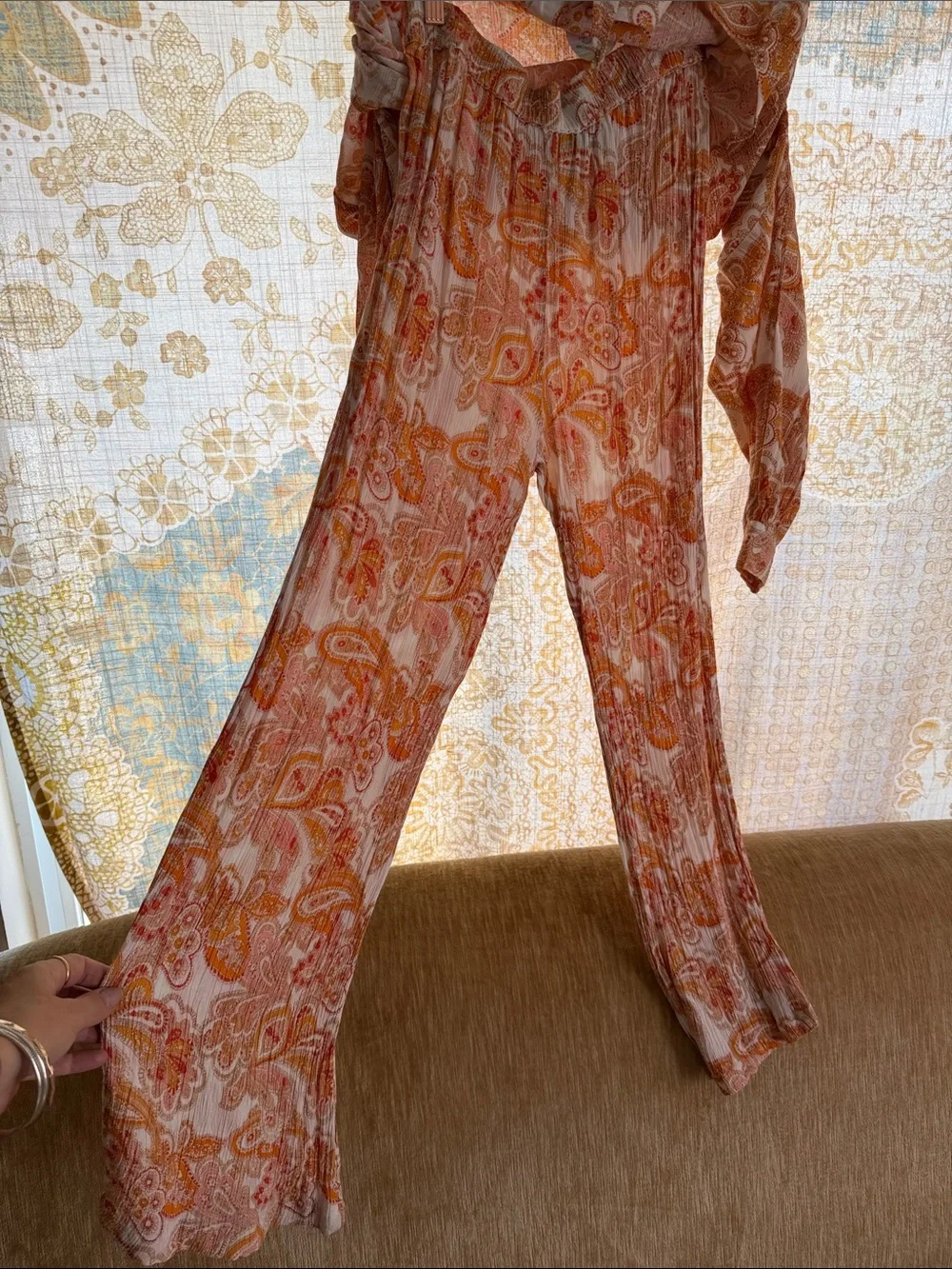 NASTY GAL Orange Paisley Tie-Front Blouse and pants set Beachy